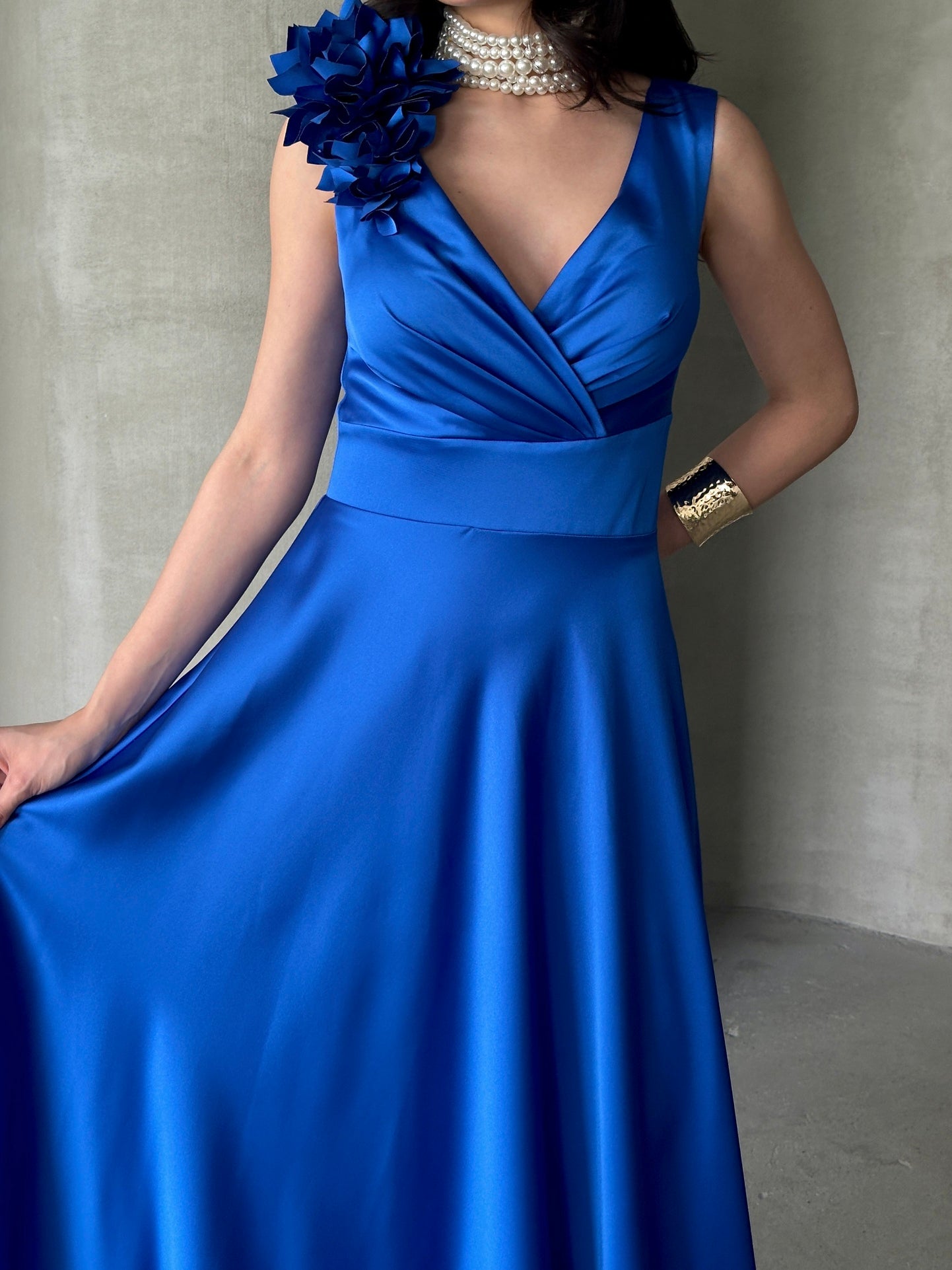 Surplice Neck Floral Shoulder Satin Maxi Dress - Saxe Blue