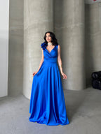 Surplice Neck Floral Shoulder Satin Maxi Dress - Saxe Blue