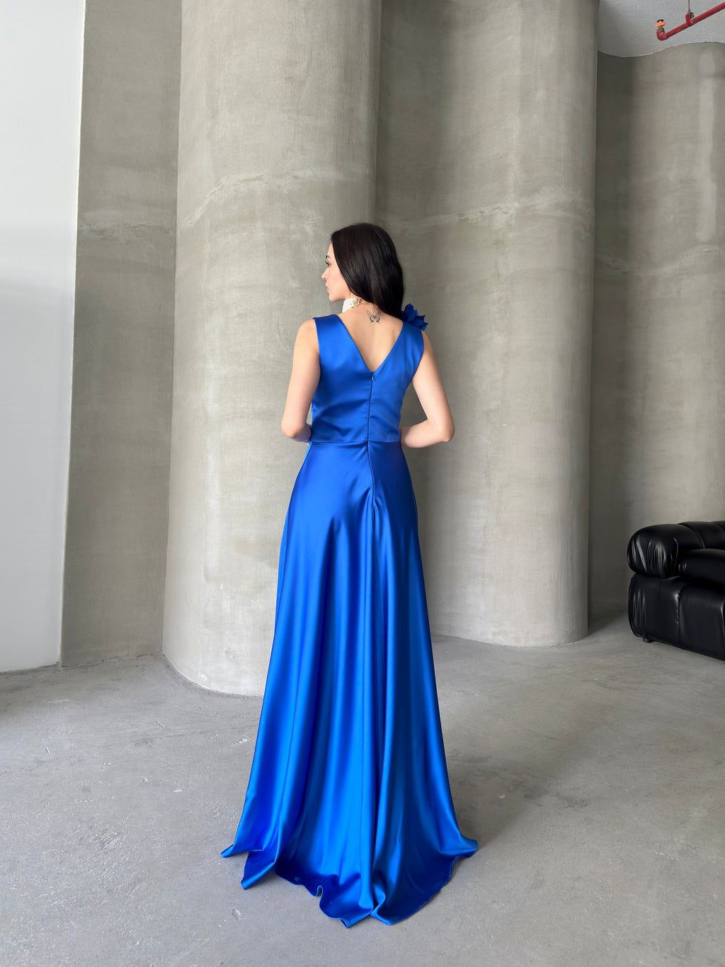 Surplice Neck Floral Shoulder Satin Maxi Dress - Saxe Blue