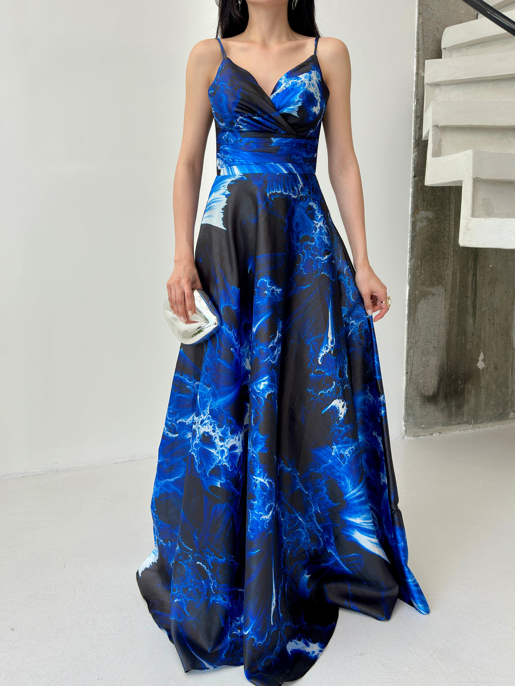 Printed Wrap-Neck Organza Maxi Dress - Saxe Blue Multi