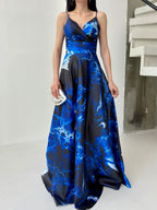 Printed Wrap-Neck Organza Maxi Dress - Saxe Blue Multi