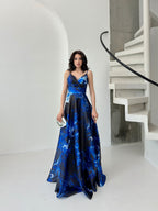 Printed Wrap-Neck Organza Maxi Dress - Saxe Blue Multi