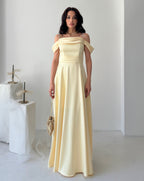 Rhinestone Strap Off-Shoulder Satin Maxi Dress - Yellow