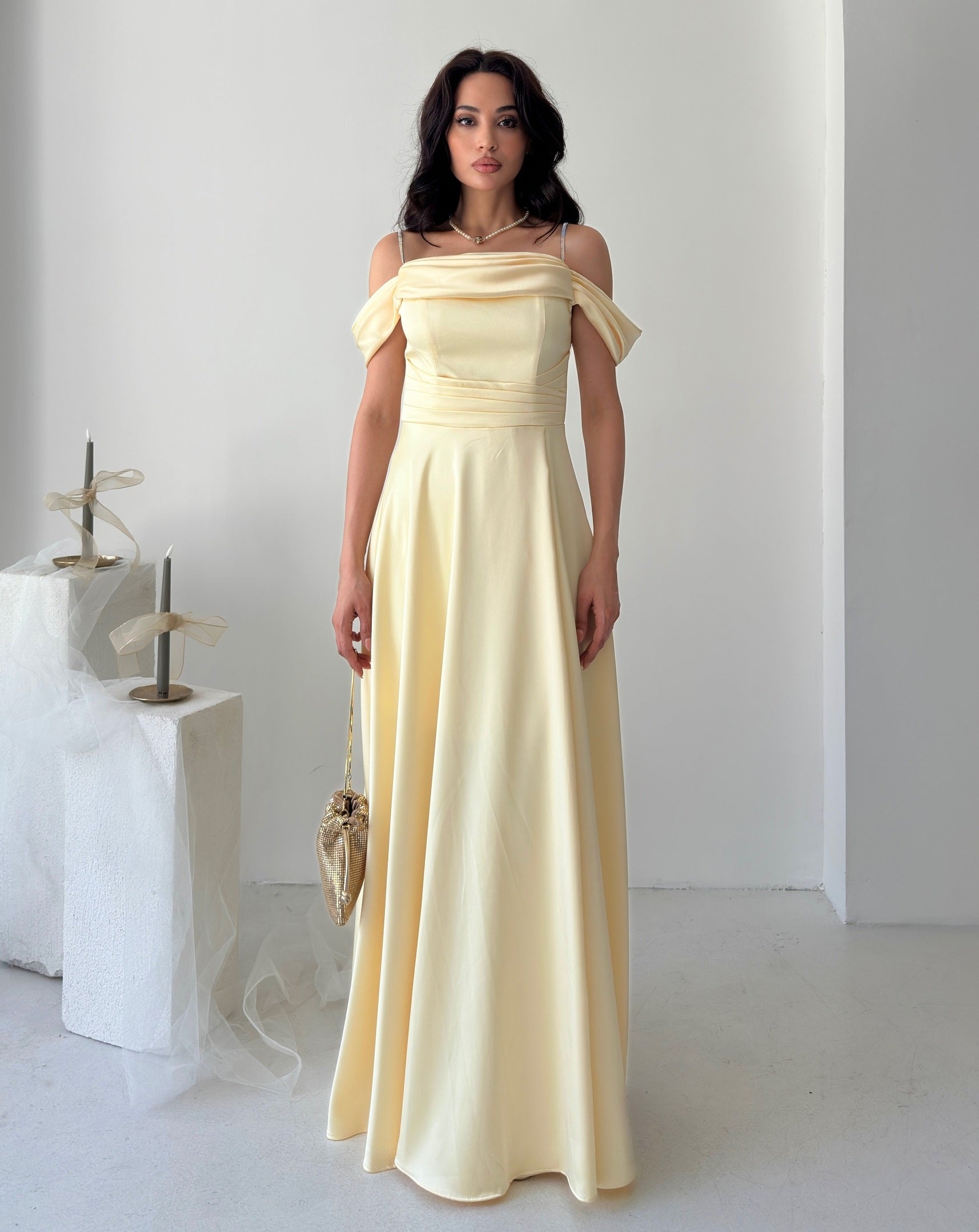 Rhinestone Strap Off-Shoulder Satin Maxi Dress - Yellow