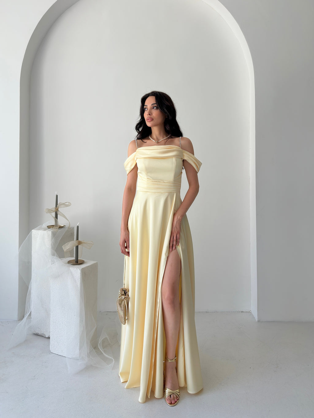 Rhinestone Strap Off-Shoulder Satin Maxi Dress - Yellow