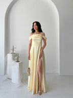 Rhinestone Strap Off-Shoulder Satin Maxi Dress - Yellow