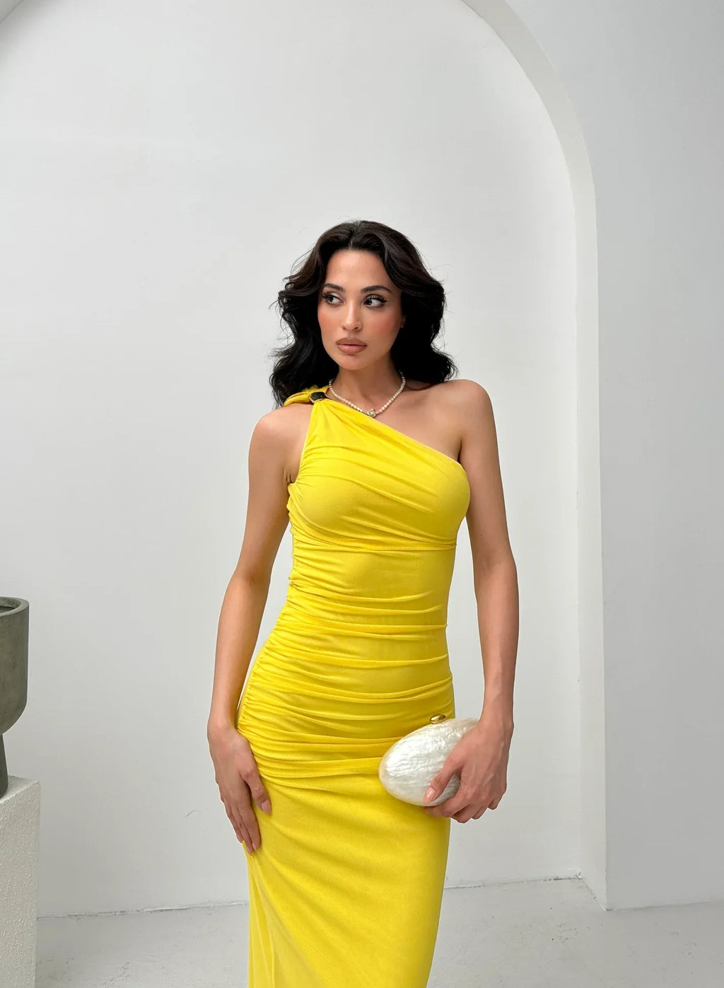 One-Shoulder Ruched Midi Dress - Yellow - Mirelline Store