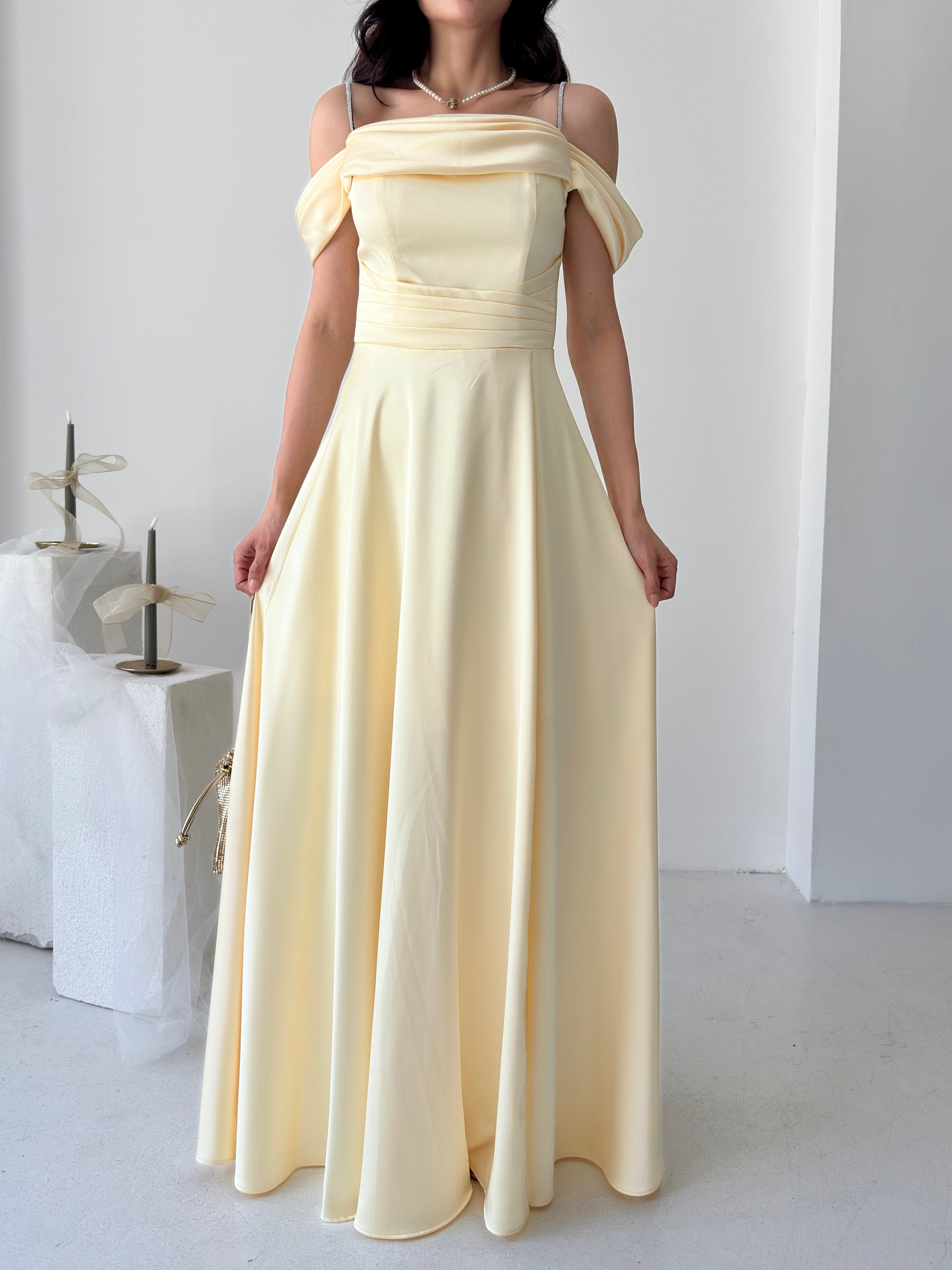 Rhinestone Strap Off-Shoulder Satin Maxi Dress - Yellow