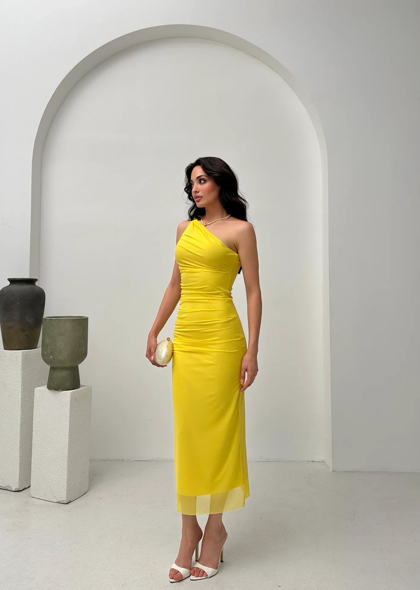 One-Shoulder Ruched Midi Dress - Yellow - Mirelline Store