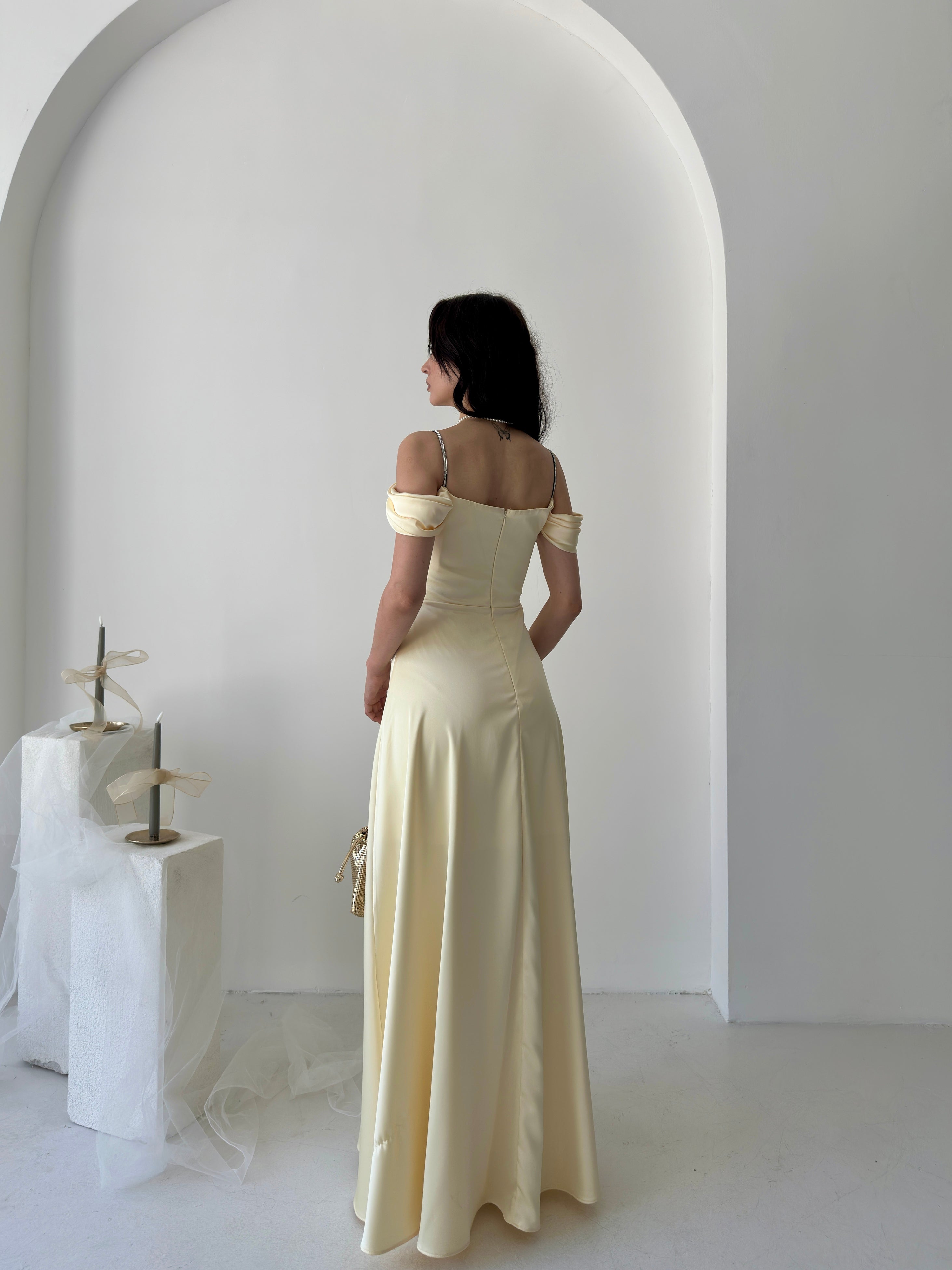 Rhinestone Strap Off-Shoulder Satin Maxi Dress - Yellow