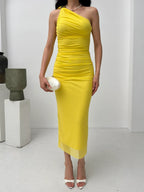 One-Shoulder Ruched Midi Dress - Yellow - Mirelline Store