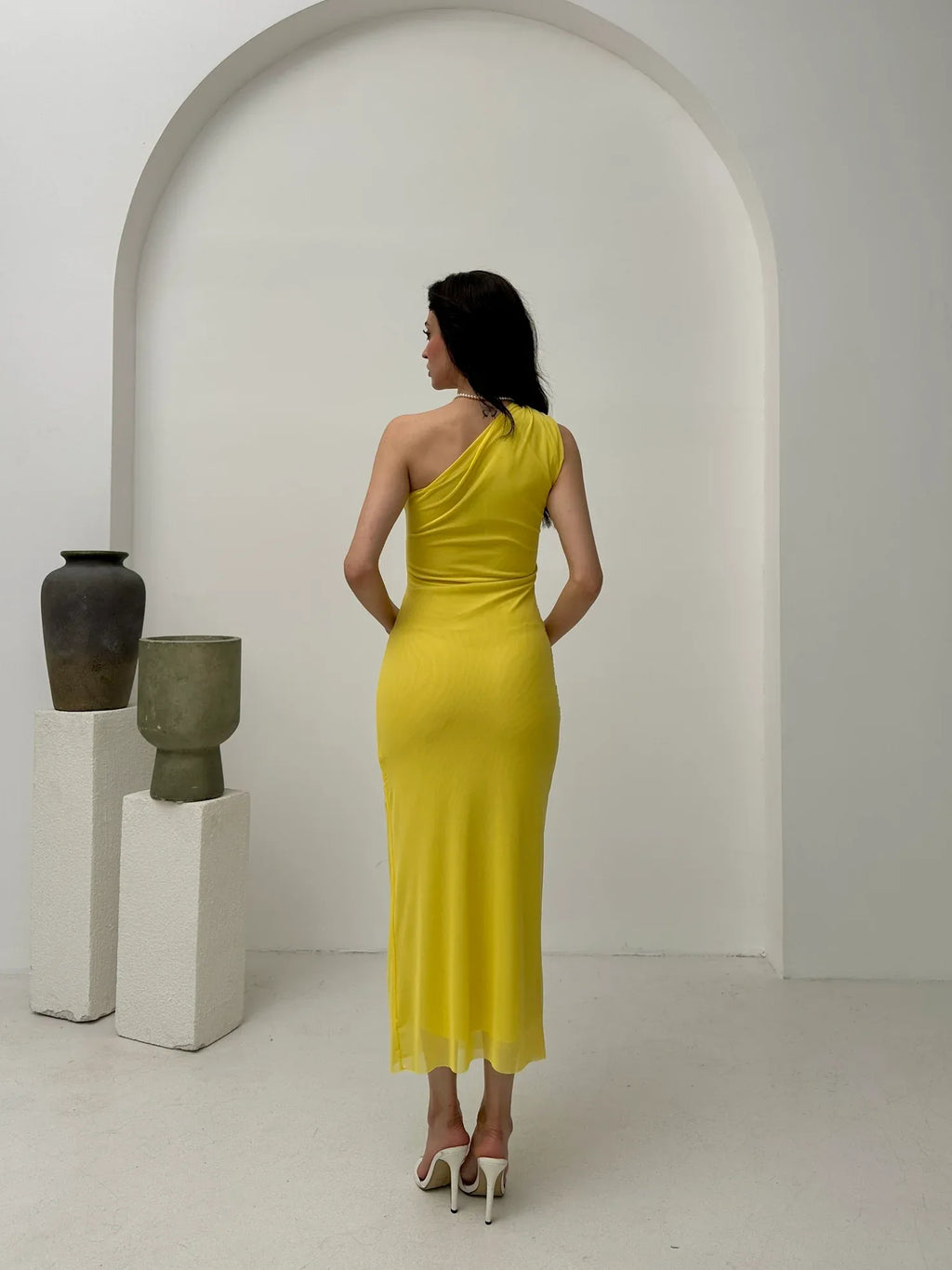 One-Shoulder Ruched Midi Dress - Yellow - Mirelline Store