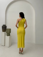 One-Shoulder Ruched Midi Dress - Yellow - Mirelline Store