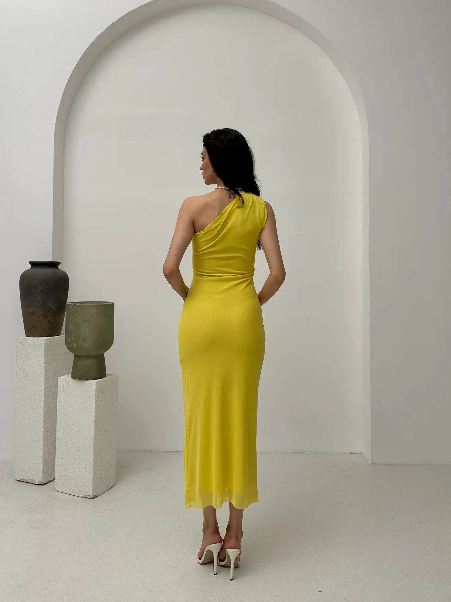 One-Shoulder Ruched Midi Dress - Yellow - Mirelline Store