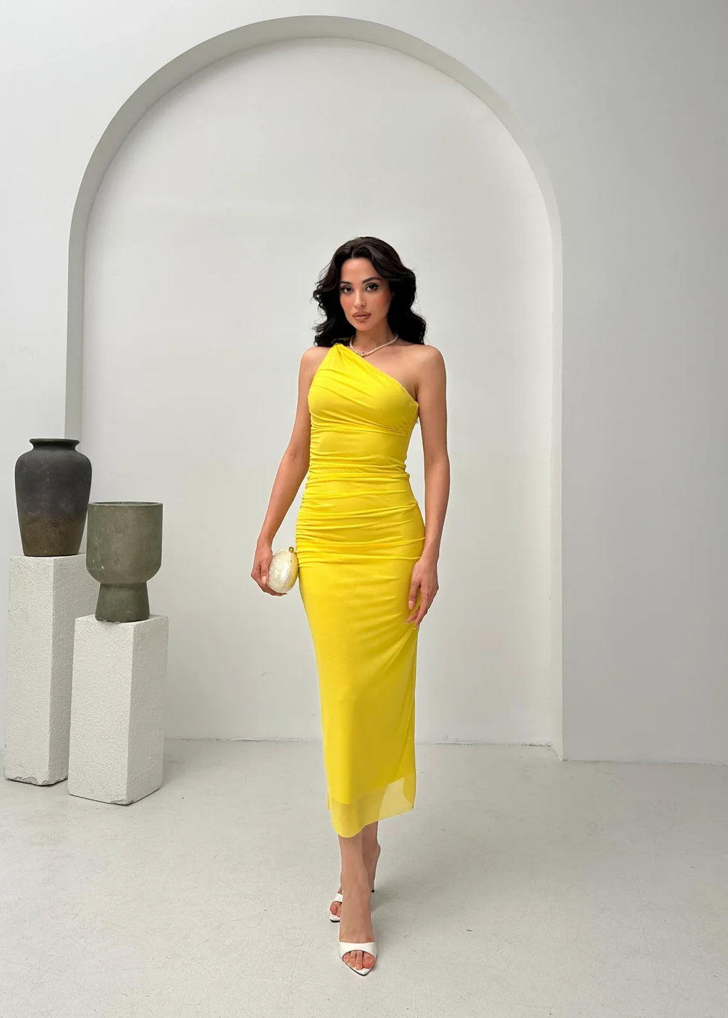 One-Shoulder Ruched Midi Dress - Yellow - Mirelline Store