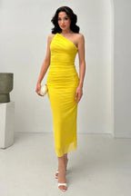 One-Shoulder Ruched Midi Dress - Yellow - Mirelline Store