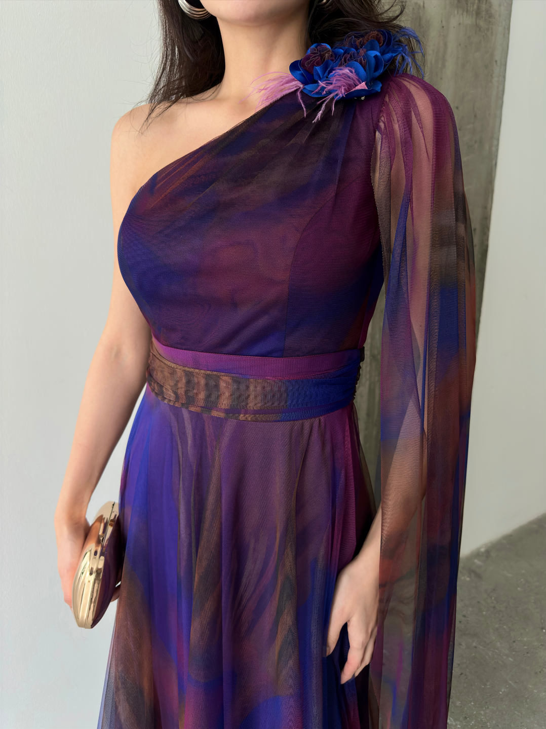 One-Shoulder Cape Detail Tulle Maxi Dress - Saxe Blue Multi