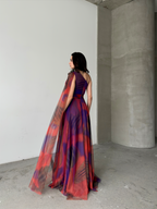 One-Shoulder Cape Detail Tulle Maxi Dress - Red Multi