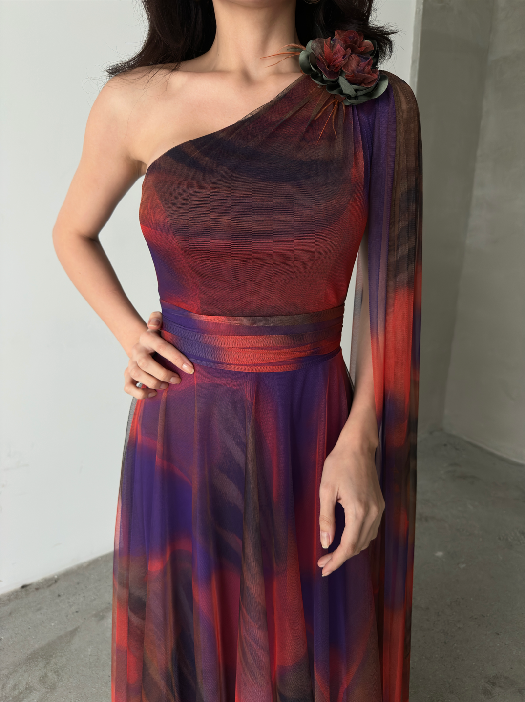 One-Shoulder Cape Detail Tulle Maxi Dress - Red Multi