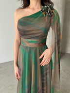 One-Shoulder Cape Detail Tulle Maxi Dress - Green Multi