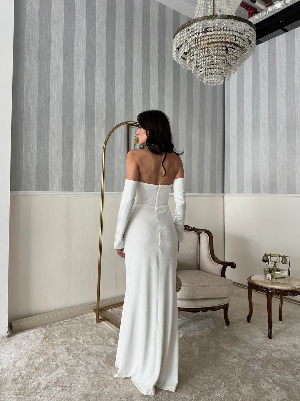 Velvet Draped Strapless Maxi Dress - White - Mirelline Store