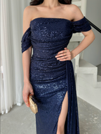 Off-Shoulder Slit Maxi Dress - Navy