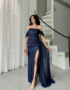 Off-Shoulder Slit Maxi Dress - Navy
