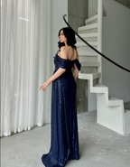 Off-Shoulder Slit Maxi Dress - Navy