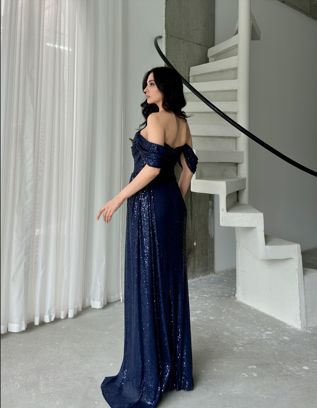 Off-Shoulder Slit Maxi Dress - Navy