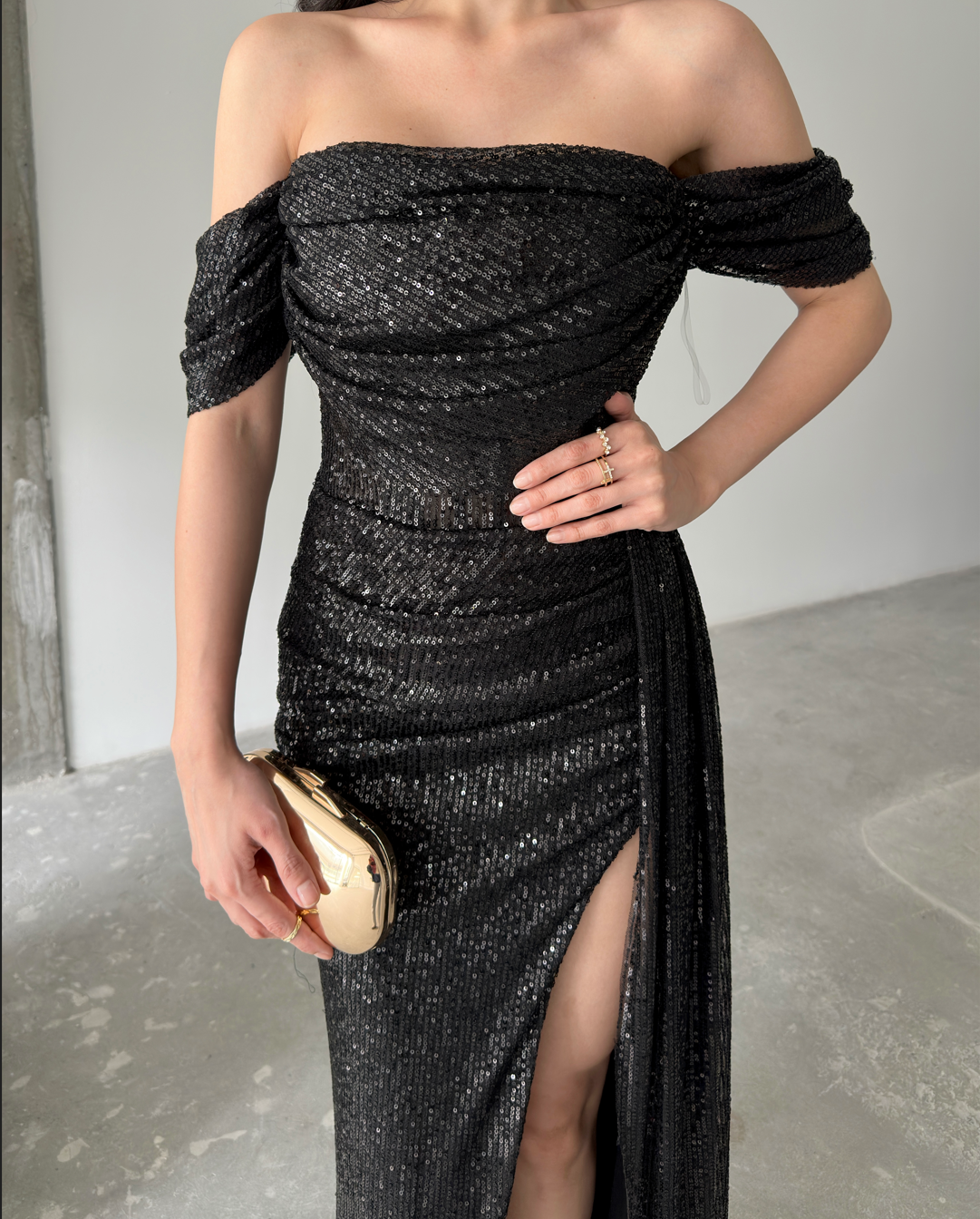 Sequined Off-Shoulder Slit Maxi Dress - Black