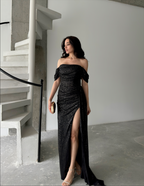 Sequined Off-Shoulder Slit Maxi Dress - Black