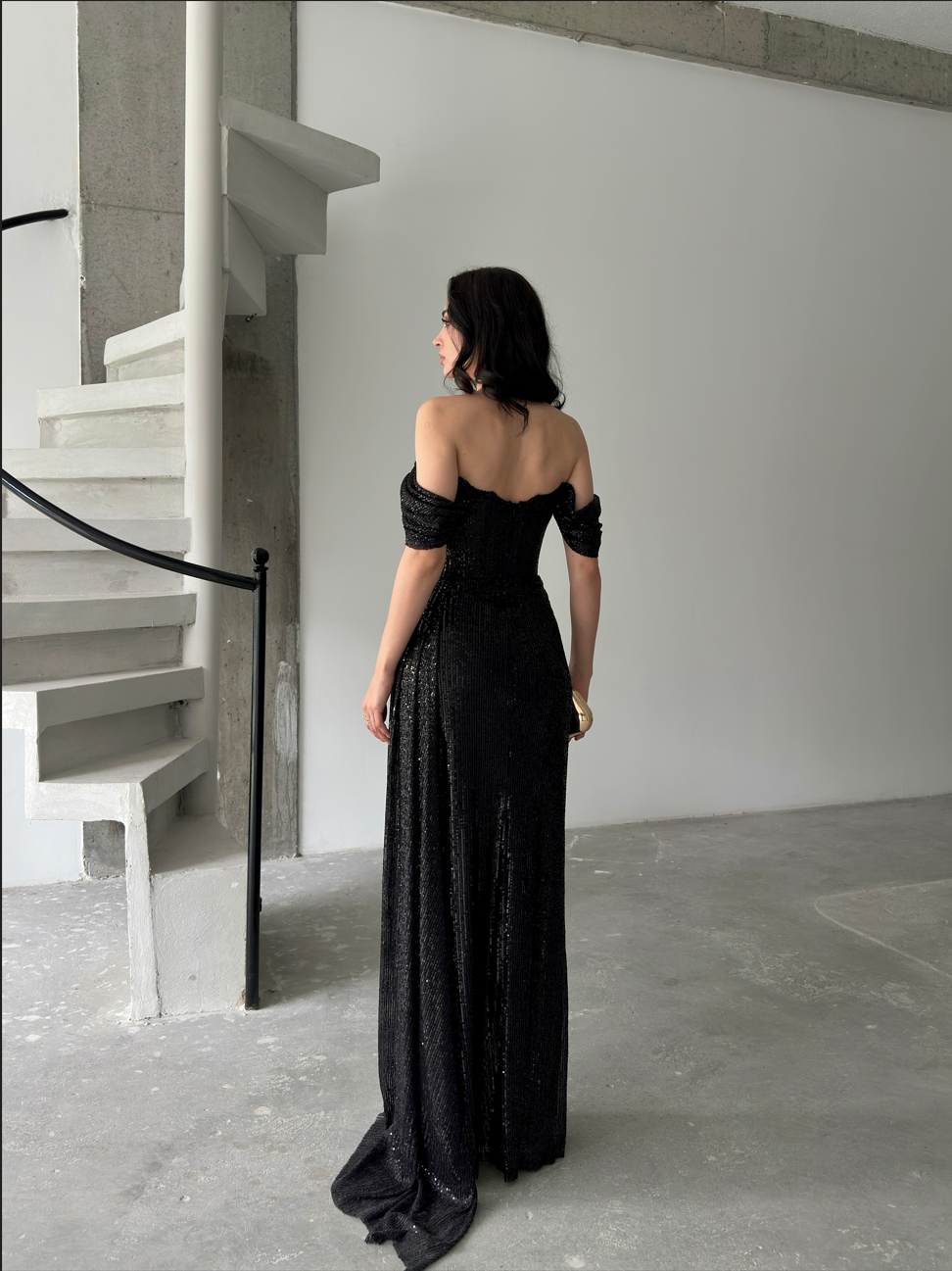 Sequined Off-Shoulder Slit Maxi Dress - Black