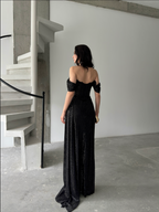 Sequined Off-Shoulder Slit Maxi Dress - Black
