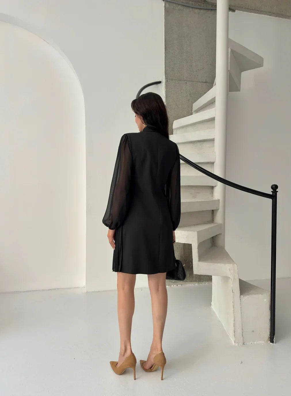 Pleated Side Double-Breasted Blazer Dress - Black - Mirelline Store