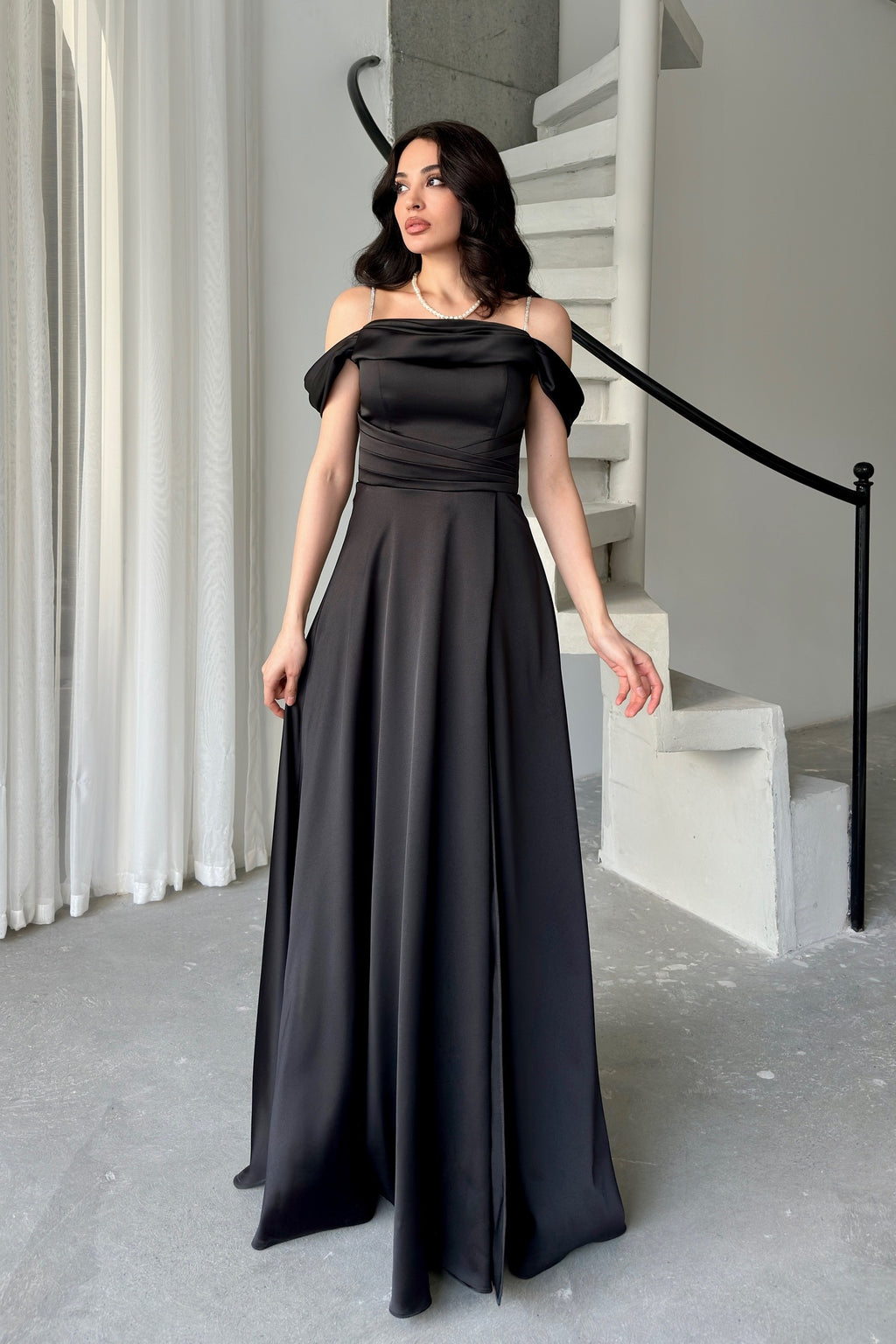 Rhinestone Strap Off-Shoulder Satin Maxi Dress - Black
