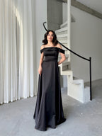 Rhinestone Strap Off-Shoulder Satin Maxi Dress - Black
