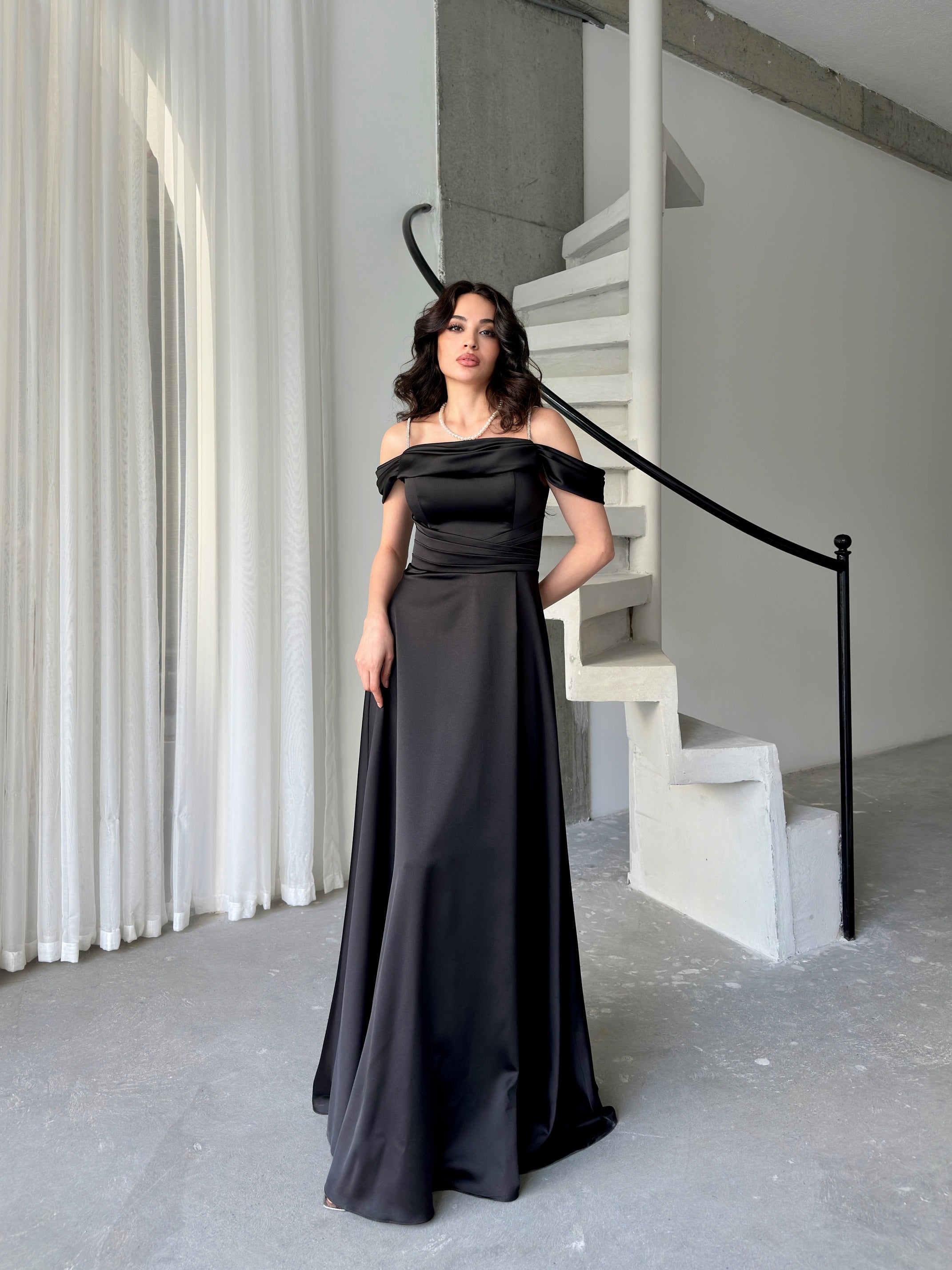 Rhinestone Strap Off-Shoulder Satin Maxi Dress - Black