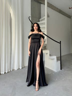 Rhinestone Strap Off-Shoulder Satin Maxi Dress - Black