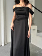 Rhinestone Strap Off-Shoulder Satin Maxi Dress - Black