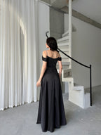 Rhinestone Strap Off-Shoulder Satin Maxi Dress - Black