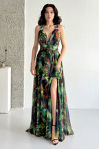 Printed Tie-Waist Chiffon Maxi Dress - Green Multi