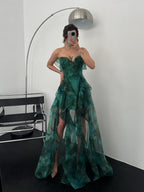 Ruffle Tier Strapless Chiffon Maxi Dress - Green Multi