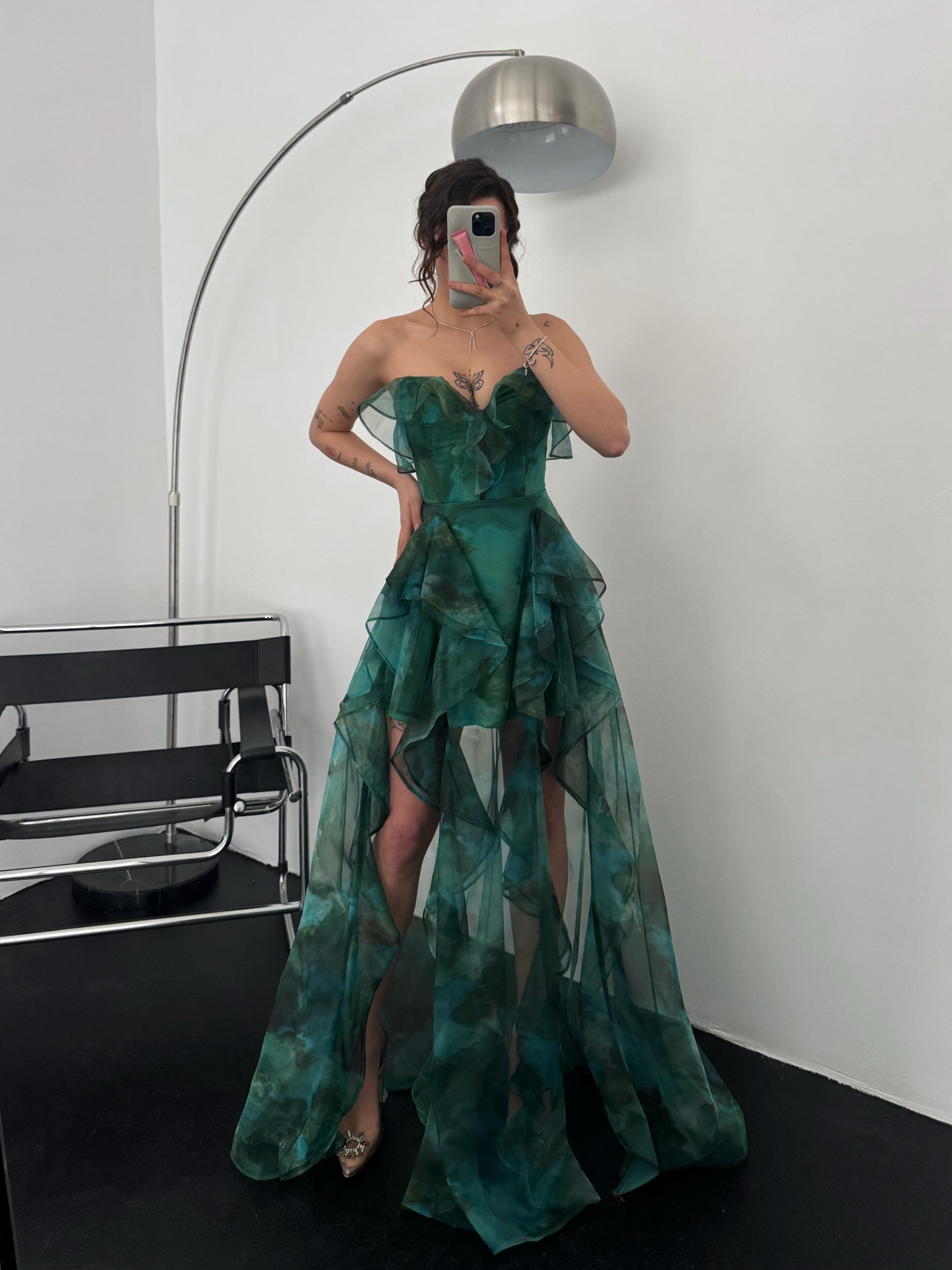 Ruffle Tier Strapless Chiffon Maxi Dress - Green Multi