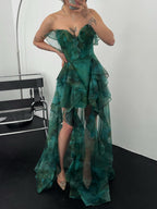 Ruffle Tier Strapless Chiffon Maxi Dress - Green Multi