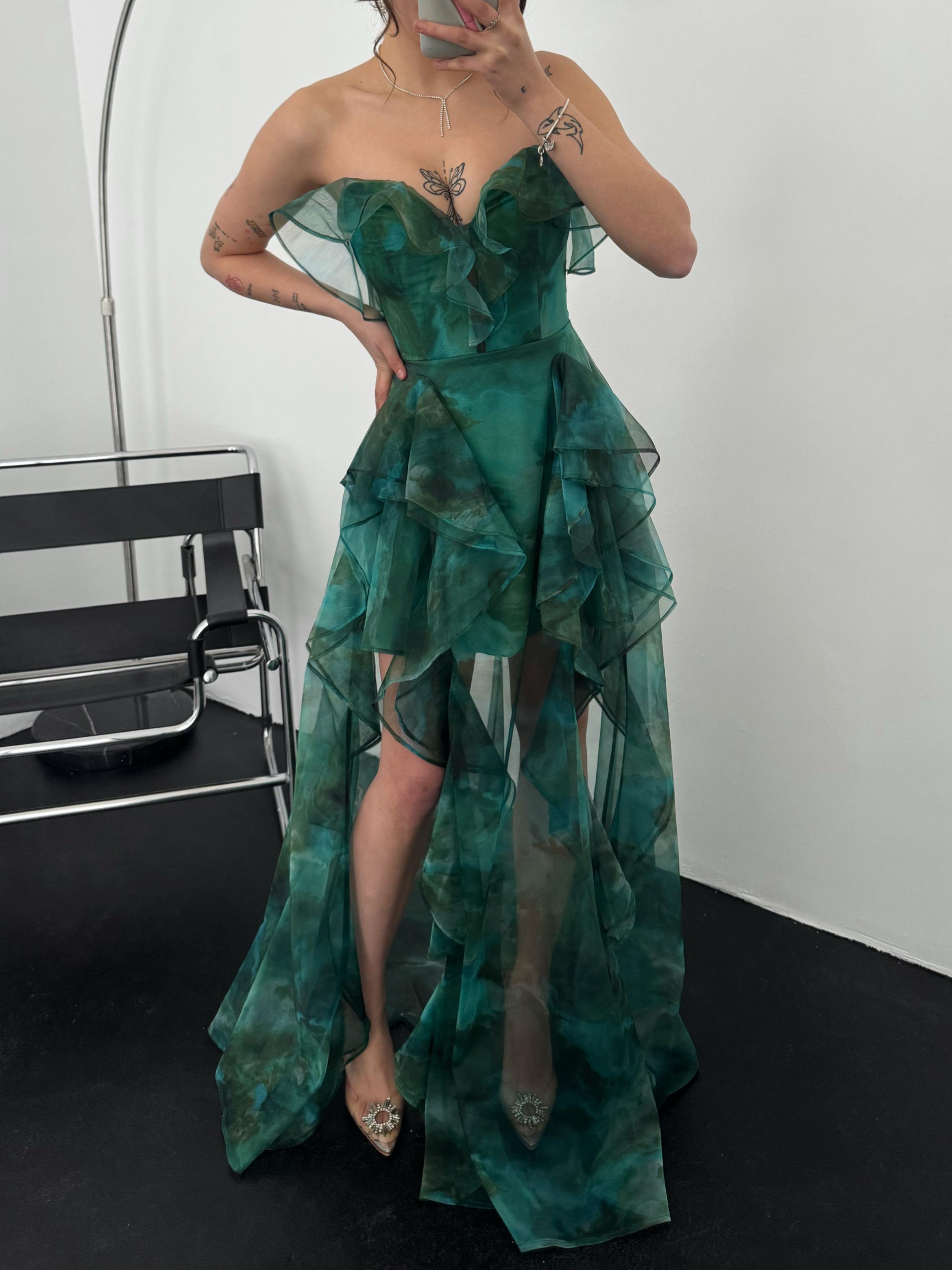 Ruffle Tier Strapless Chiffon Maxi Dress - Green Multi