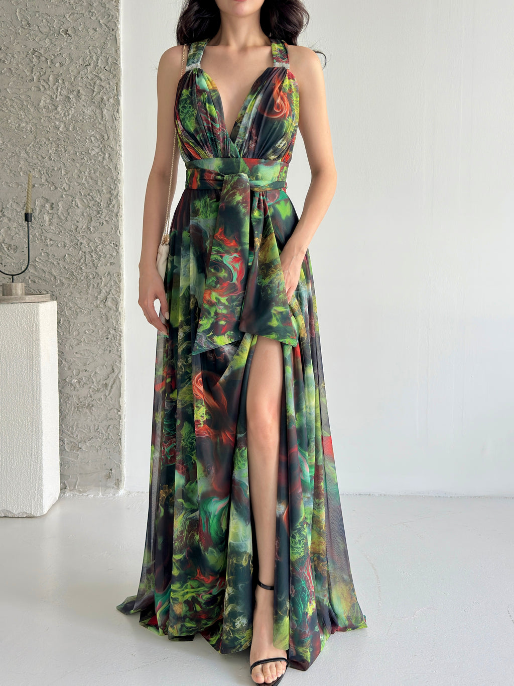 Printed Tie-Waist Chiffon Maxi Dress - Green Multi
