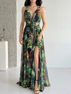 Printed Tie-Waist Chiffon Maxi Dress - Green Multi
