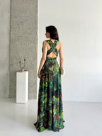 Printed Tie-Waist Chiffon Maxi Dress - Green Multi