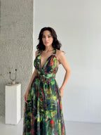 Printed Tie-Waist Chiffon Maxi Dress - Green Multi