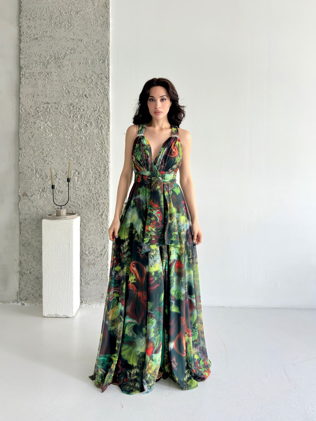 Printed Tie-Waist Chiffon Maxi Dress - Green Multi